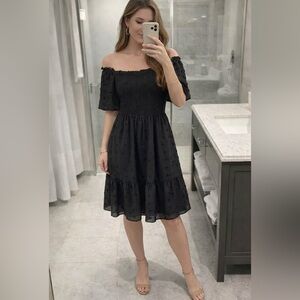 Exlura Black Smocked Swiss Dot Dress Off Shoulder Puff Sleeve Size Small